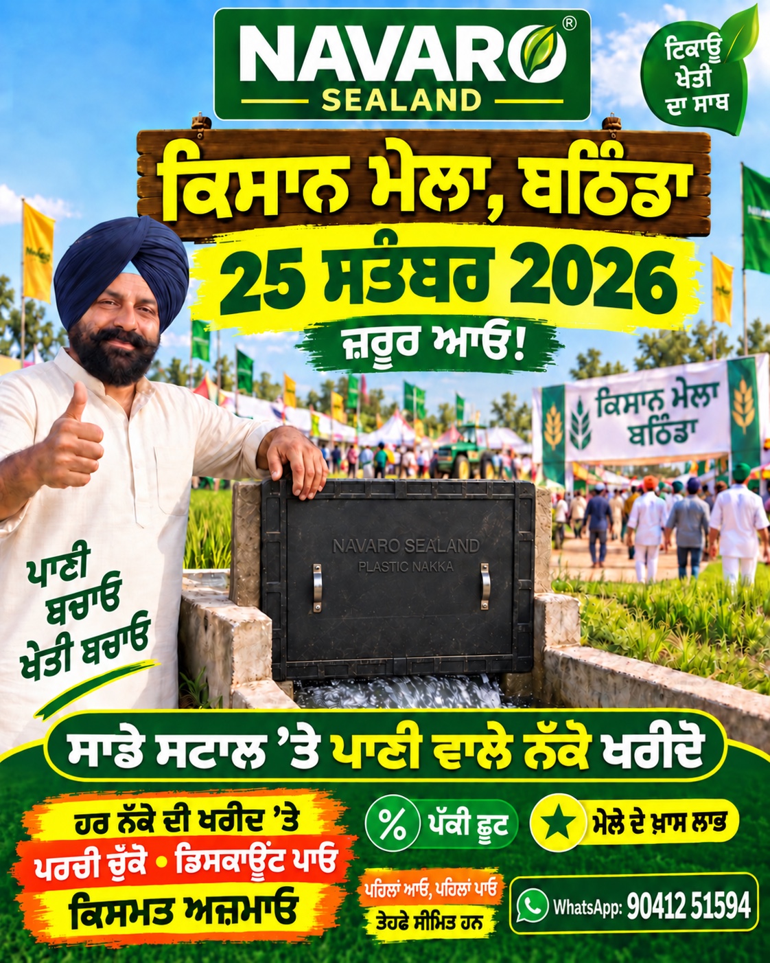 Navaro Sealand at Bathinda Kisan Mela, 25 September 2026. Visit our stall for plastic irrigation nakke, assured discounts and special mela offers. WhatsApp 90412 51594.